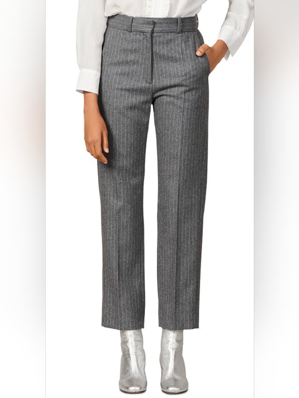 SANDRO "Jena" Grey Pinstripe Wool Straight Leg Cropped Trousers, Fits SZ 4 (27")